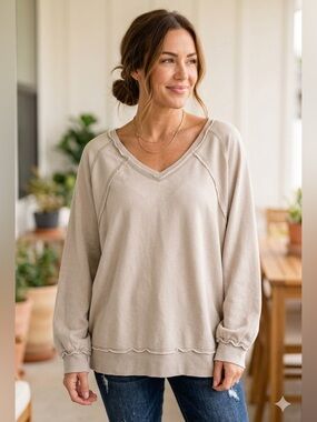 Jane+Delancey | Casual Beige V-Neck Lightweight Sweatshirt | Sz L
